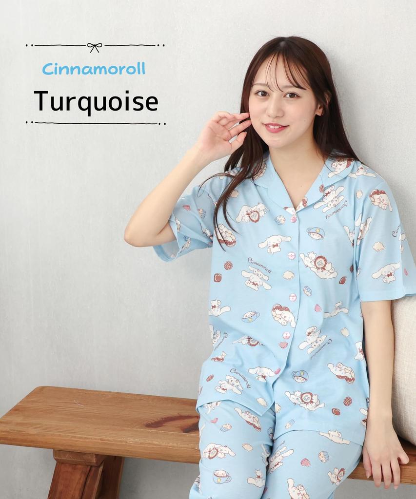 SAZAC Cinnamoroll Women's Cotton Jersey Pajama Set with Short Sleeves and Pants (Turquoise/L/SAN1805)