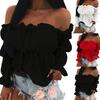 Women Sexy Solid Color Long Sleeve Off Shoulder Ruffled Edges Short Blouse Top
