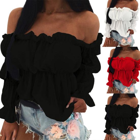 Women Sexy Solid Color Long Sleeve Off Shoulder Ruffled Edges Short Blouse Top