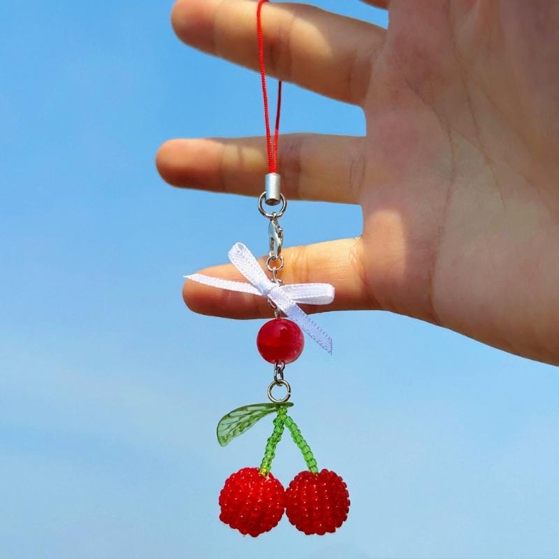 Beaded Cherries Pendant Sweet Phone Chain Strap Hanging Decoration Keychain Lanyard Small Gift for Women Girls