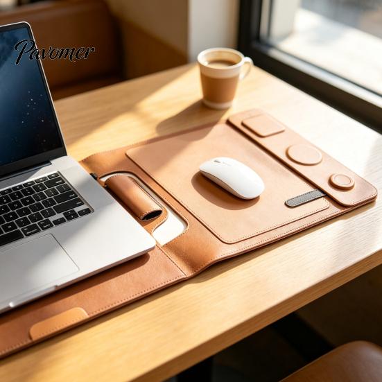 Travel Accessories for Remote Workers Wireless Charger Laptop Bag, 3 in 1 15W Magnetic Charging Organizer Phone Sleeve with Watch Earbuds, Faux
