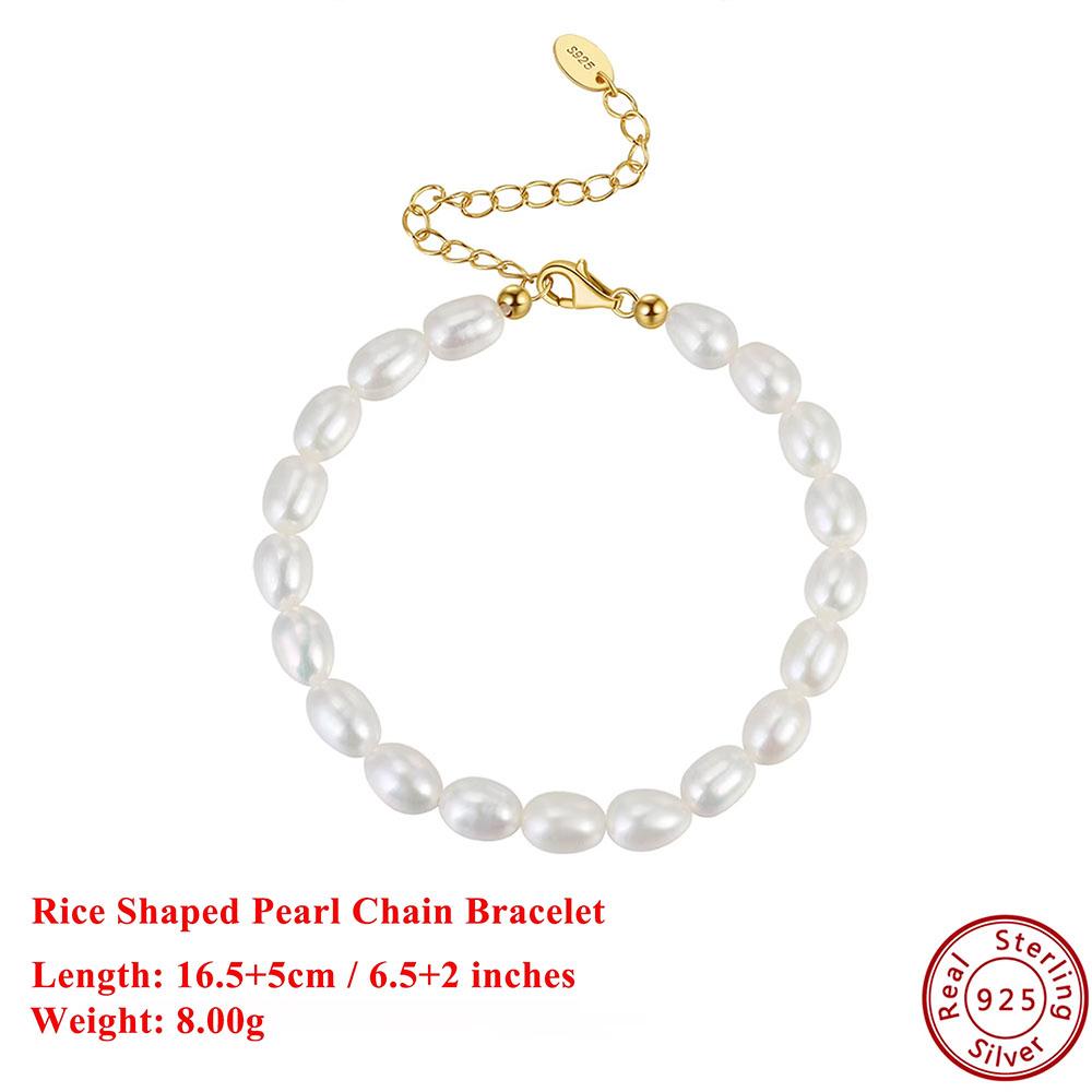 

EFFIE QUEEN 925 Pure Silver 14k Gold Rice Shaped Pearl Chain Bracelet Beach Jewelry for Women Summer Beach Vacation Gift GPB11
