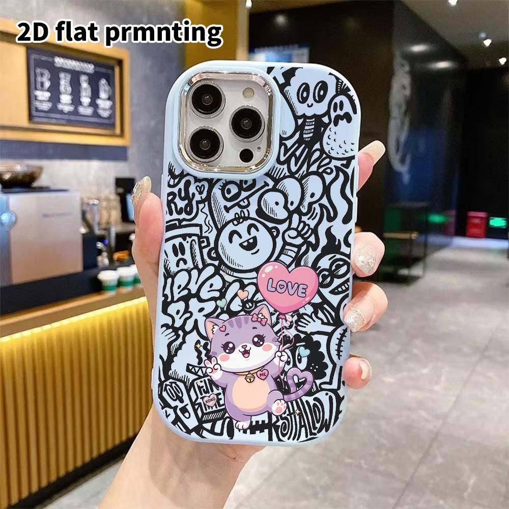 Phone case: 2D flat design suitable for iPhone 18 17 16 15 14 13 Pro protective case, couple style, purple cat, Christmas and Halloween gift