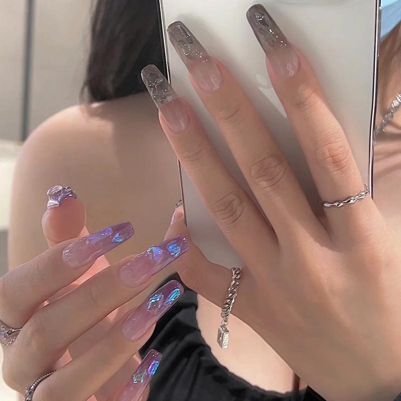 

Aurora Crushed Diamond Long Press-On Nails with Jelly Glue Glue Type