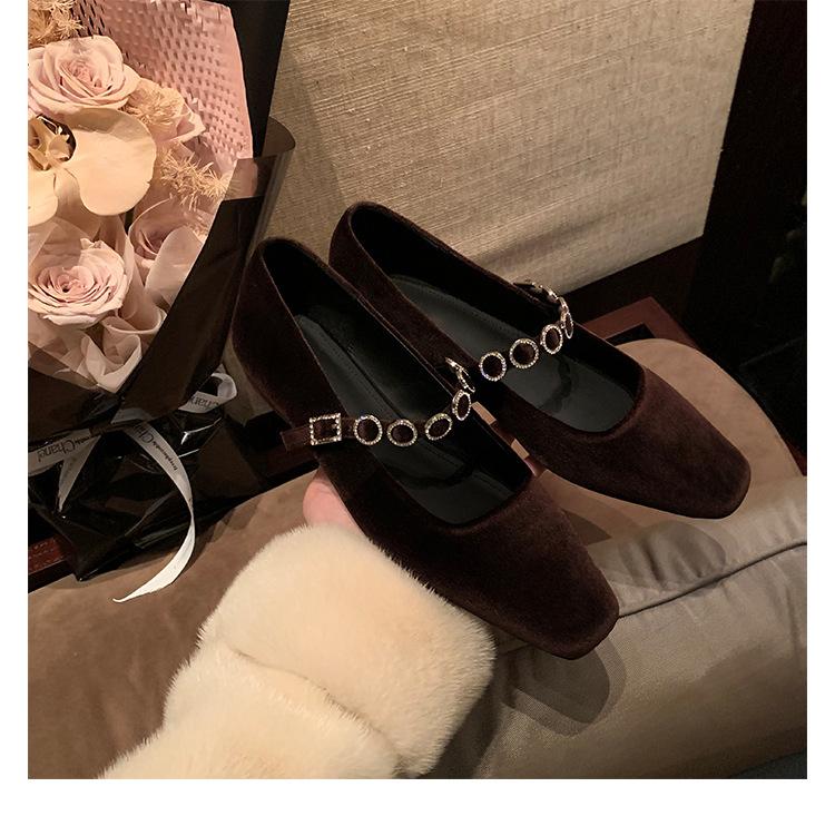 Sheepskin version~ French square head shallow mouth temperament rhinestone word with Mary Jane shoes women's suede low heel flat sole single shoes