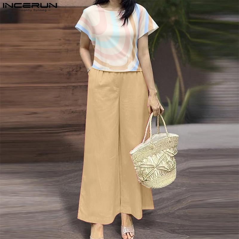 ZANZEA Damen Kurzarm Print Bluse und Hose Lässige Zweiteiler Anzugsets