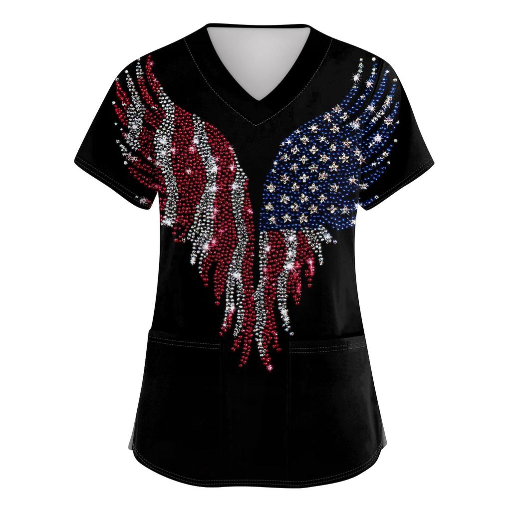 Women's V-neck Independence Day Print Short-sleeved Pocket Side-opening Protective Work Shirt