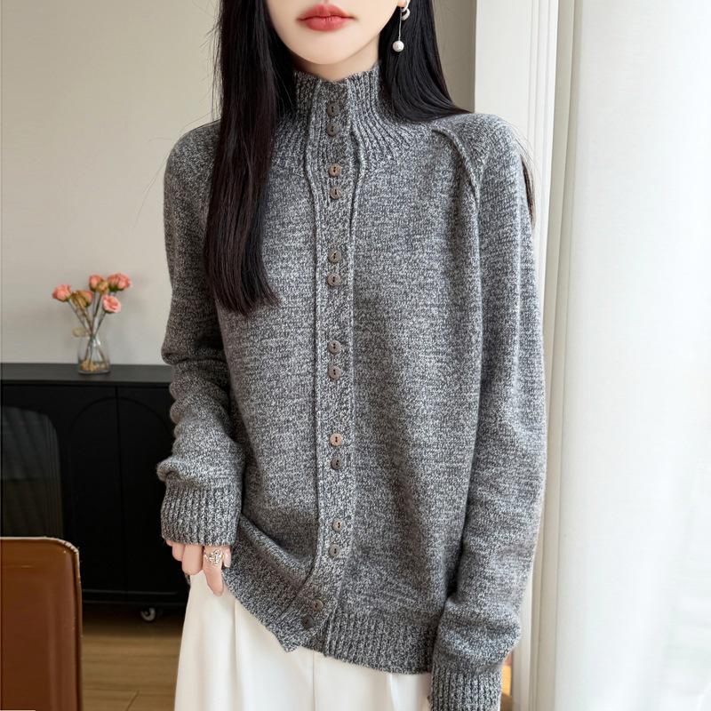 Women's Heathered Wool Stand-Up Collar Cardigan Sweater - Long Sleeve, Double-Strand, Thickened Knit for Autumn & Winter