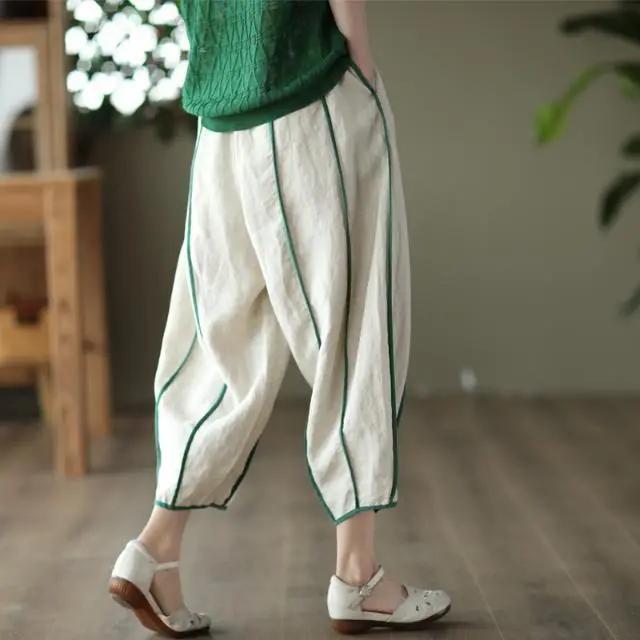 Pantaloni a Quadretti Arlecchino Estivi da Donna in Cotone e Lino Stile Letterario Retrò Sezione Sottile Casual Larghi Pantaloni a Nove Quarti