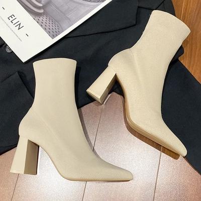 Dames Laarzen Hoge Hakken Met Hak Elastische Sok Laarzen 2026 Winter Mode Puntige Neuzen Hak Vrouw Dikke Hak Vrouw Schoenen Licht Beige