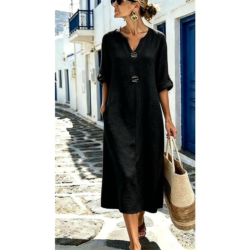 BITCED Fashion Autumn Winter Solid Color Print Long Sleeve V-Neck Casual Dresses