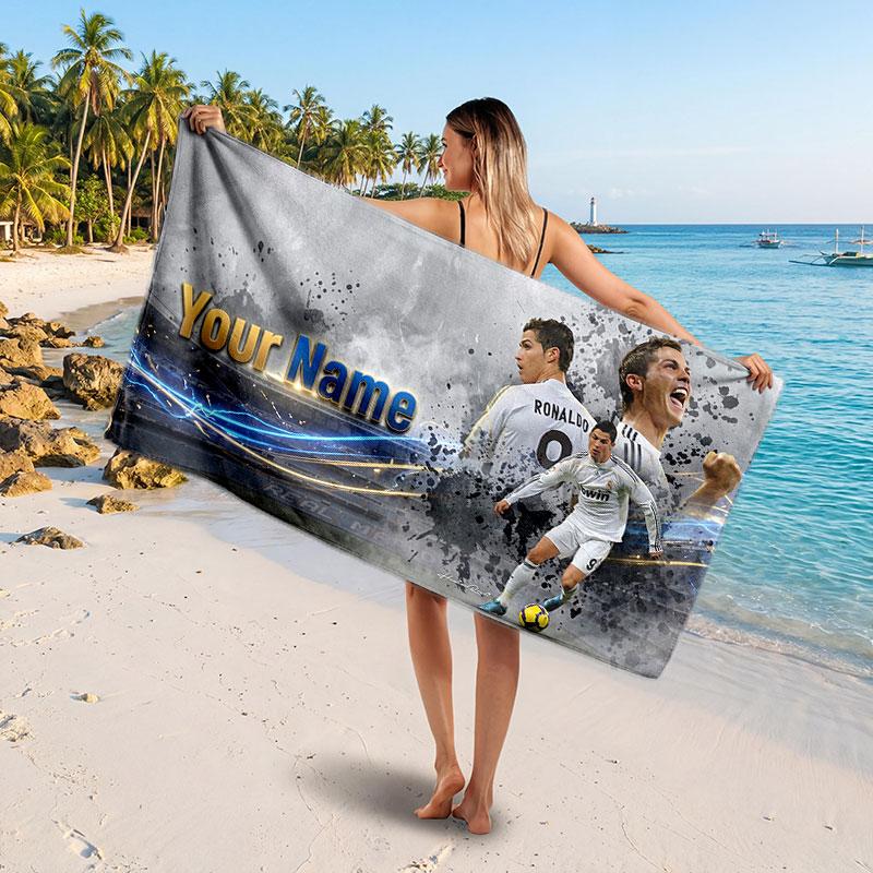 Cristiano Ronaldo Custom Beach Towel, Personalized Name Text Print, Football Logo Soft Quick‑Dry Towel Holiday Gift
