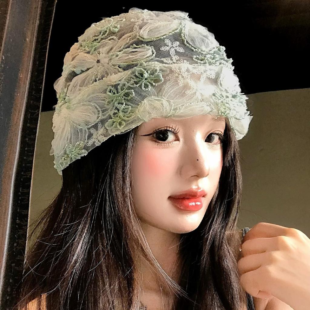 Plasă cu flori de dantelă și paiete, accesoriu pentru cap, de vară, subțire, respirabil, dulce, pentru față, pălărie mică pentru frig, pălărie pull-over