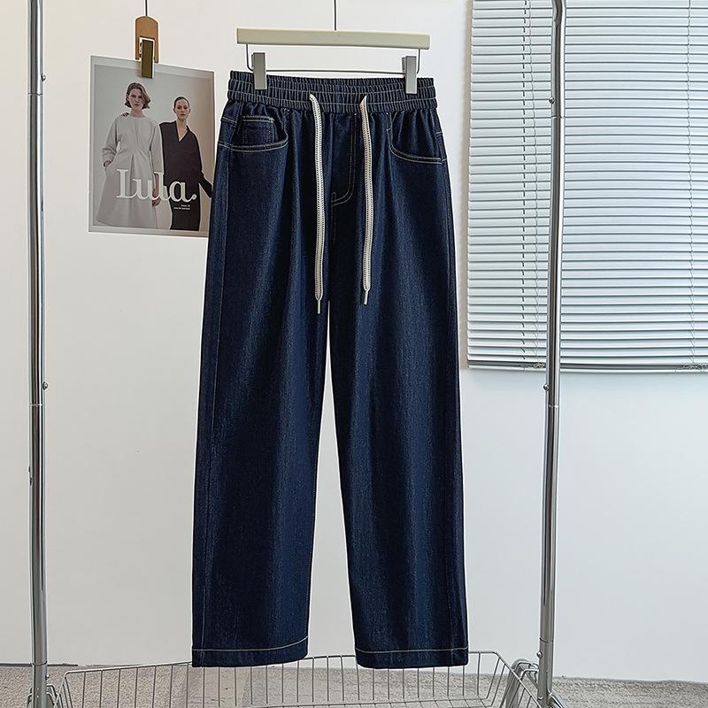 

Женские джинсы прямого кроя из высококачественного синего денима: Осень Повседневный, Свободный, С высокой талией, Стройнящий 5XL (160-180 jin) джинсовый синий