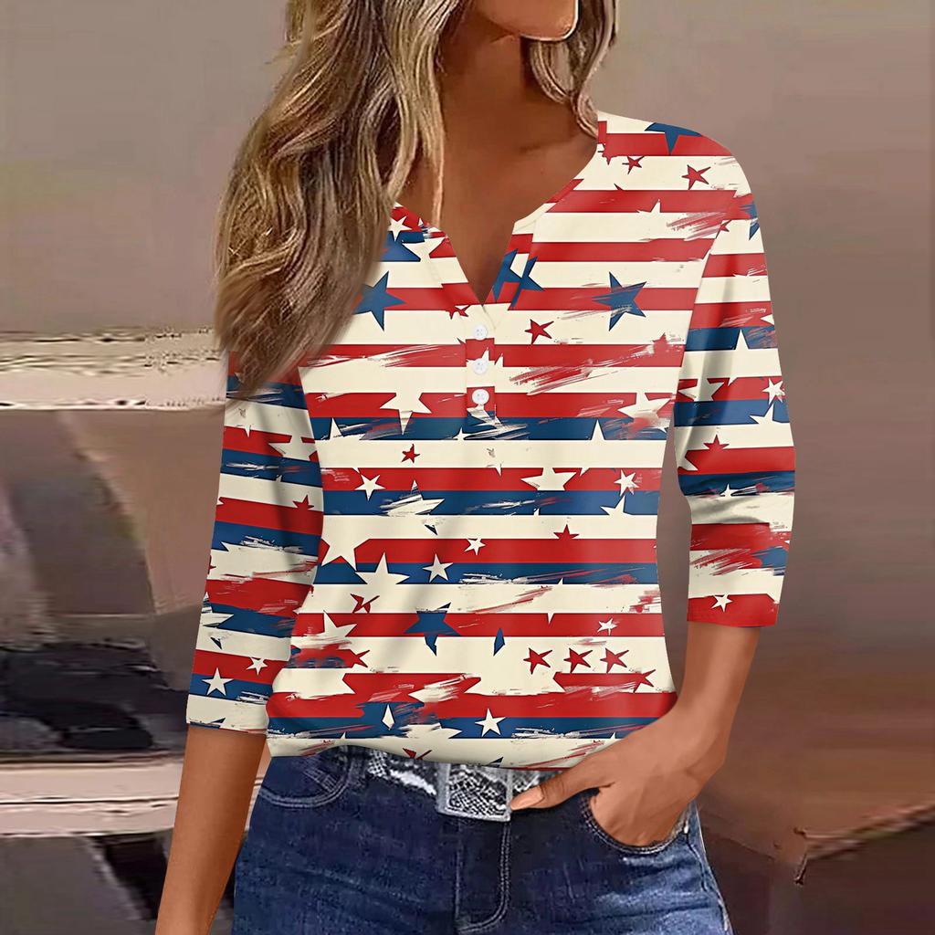 Women's T Shirt Independence Day Print Button 3/4 Sleeve Daily Weekend Fashion Basic V- Neck Regular Top