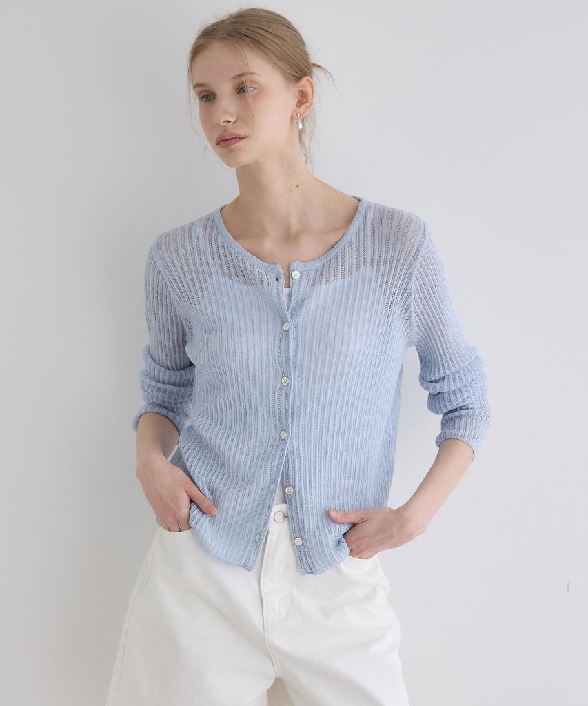 OURHOPE Linen Round Neck Ribbed Cardigan - Sky Blue
