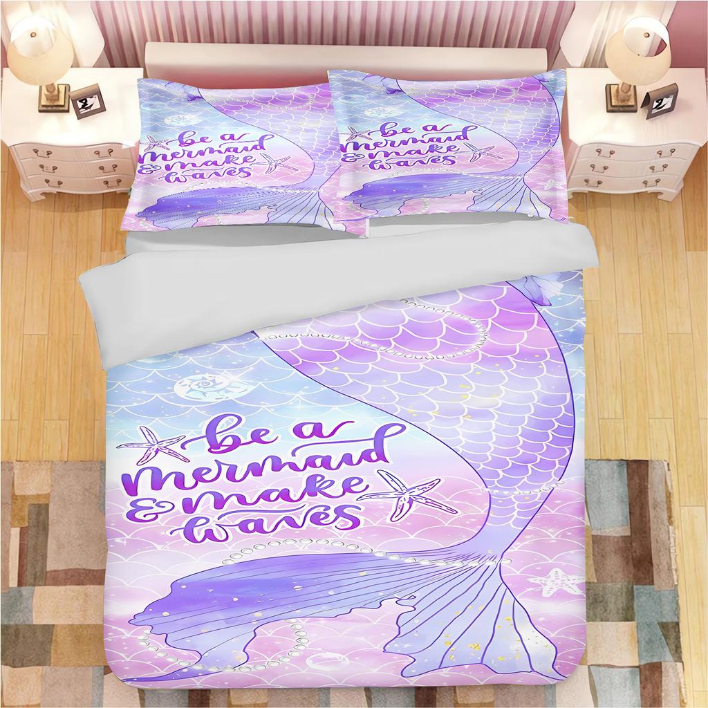 Mermaid Duvet Cover Cartoon Set Bedding, Cute Printed Cartoon Quilt Cover Comforter Sets Home Bedroom Decoration
