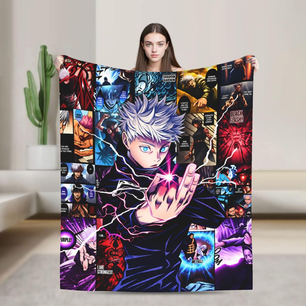 Warm Soft Blankets Camping Jujutsu Kaisen Gojo Satoru Chibi Character Bedding Throws Flannel Bedspread For Couch Bed Bed Cover