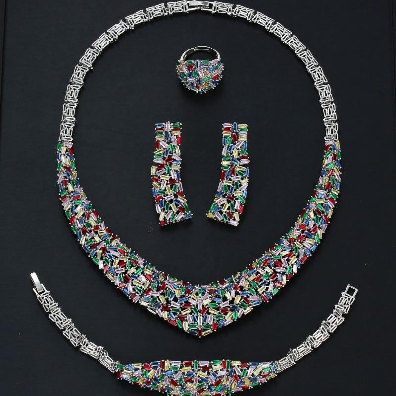 Women's Color Zircon Necklace Earrings Bracelet Ring Set Bridal Wedding Dress Jewelry Premium Jewelry