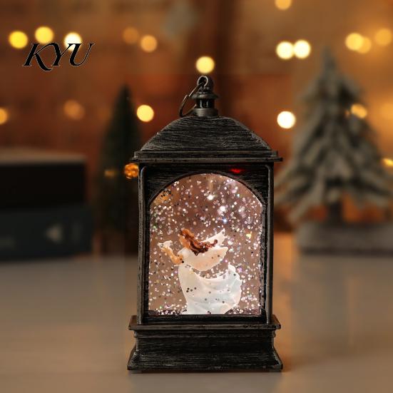 Holiday Party Table Centerpiece Christmas Snow Lantern, Battery Operated Swirling Water Glittering Vintage Portable Resin Lantern Santa Snowman