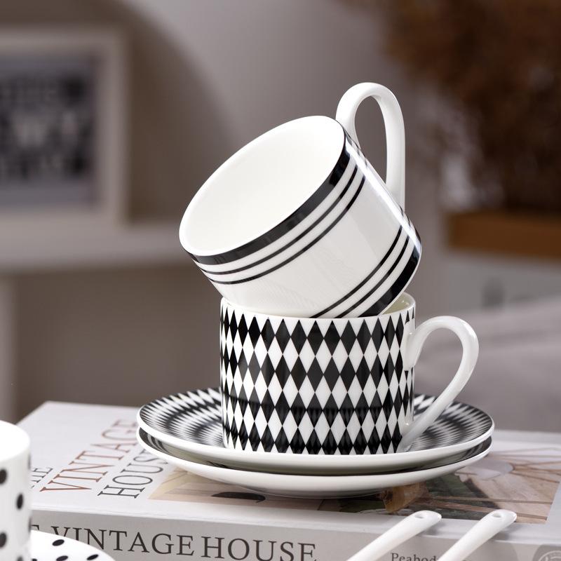 Ceramic Hepburn Style Coffee Cup and Saucer Vintage Striped Black and White Polka Dot Mug Cake Pan Afternoon Tea Set