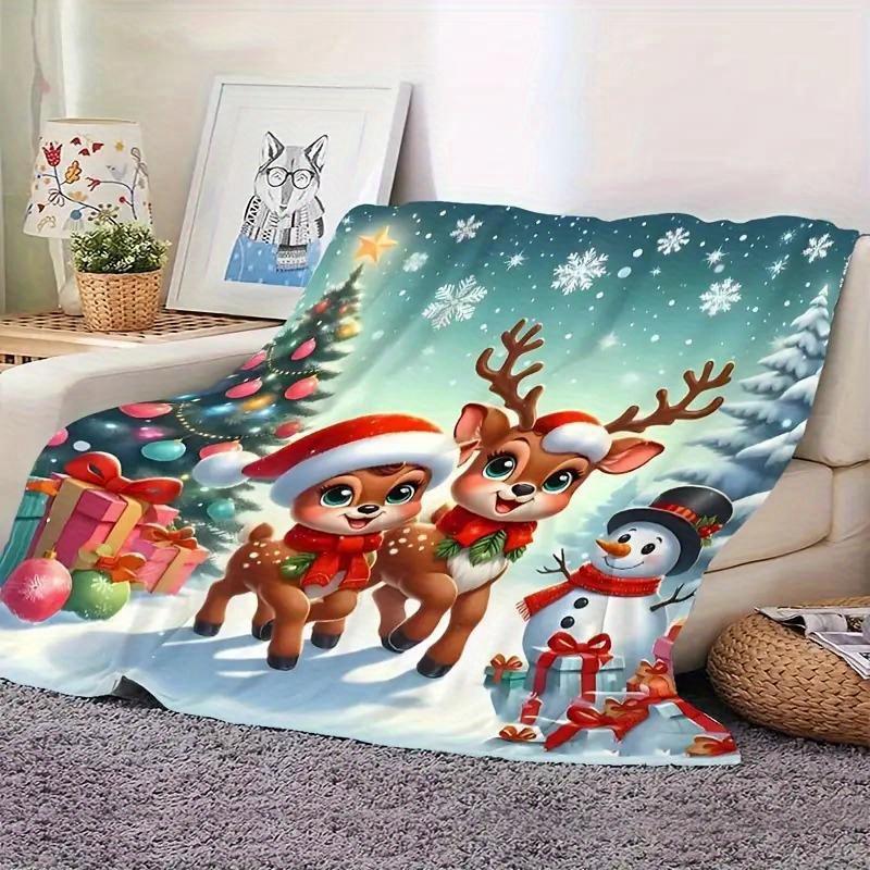 Christmas Reindeer & Snowman Flannel Throw Blanket, Soft Warm, Multi-Use for Sofa, Bed, Car, Office, Camping - Machine Washable,