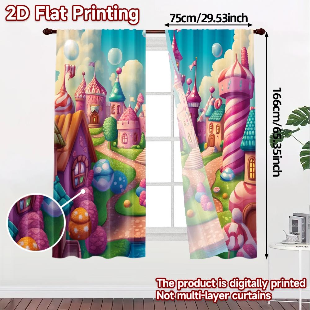 2pcs,Curtains Candy Castle Sweet Dreamscape (3) Contemporary Chic Curtains 100% Polyester Curtains Outdoor Decorations Use for