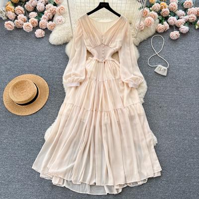 Dámské elegantní šaty s dlouhým rukávem a výstřihem do V Vintage šifonové dlouhé šaty Ležérní francouzské plisované úzké šaty do A