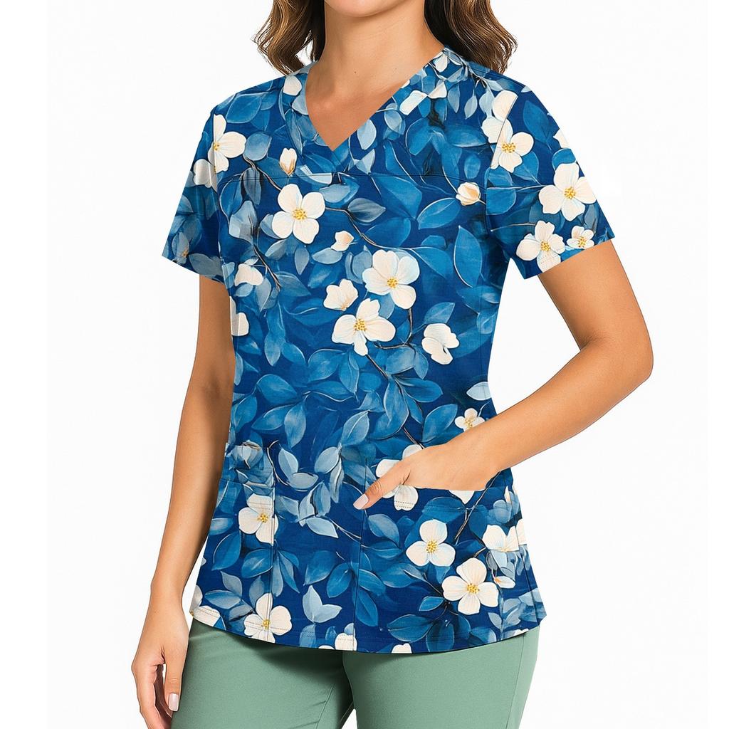 Kvinners avslappet trykket V-hals lomme sideslisse kortarmet topp kortarmet topp