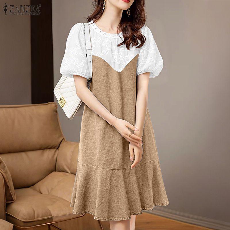 ZANZEA Women Fashion Embroidery Patchwork Casual Round Neck Short Sleeve Dress