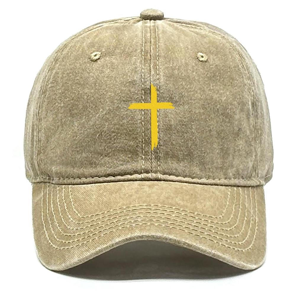 Golden Crucifix Print Snapback Sun Hat, Flat Cap Hip Hop Fit Sun Protection Distressed Adjustable Baseball Hat
