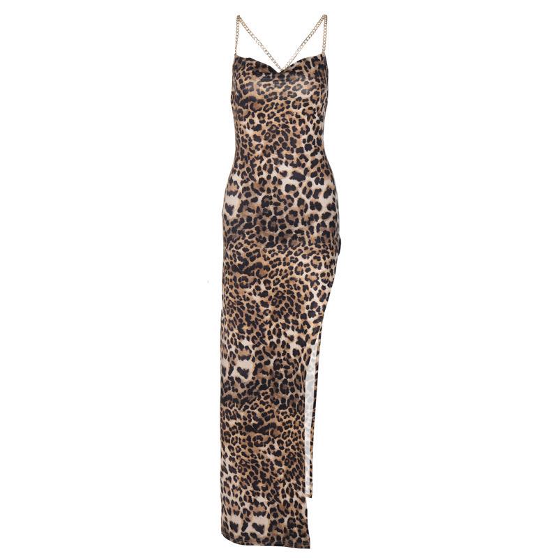European & American Leopard Print Backless High Slit Dress