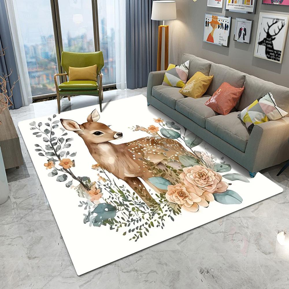 

Watercolor Deer Floral Area Rug With Cute Animal Plant Pattern Soft Decorative Carpet For Living Room Bedroom Kids Room 40X60cm