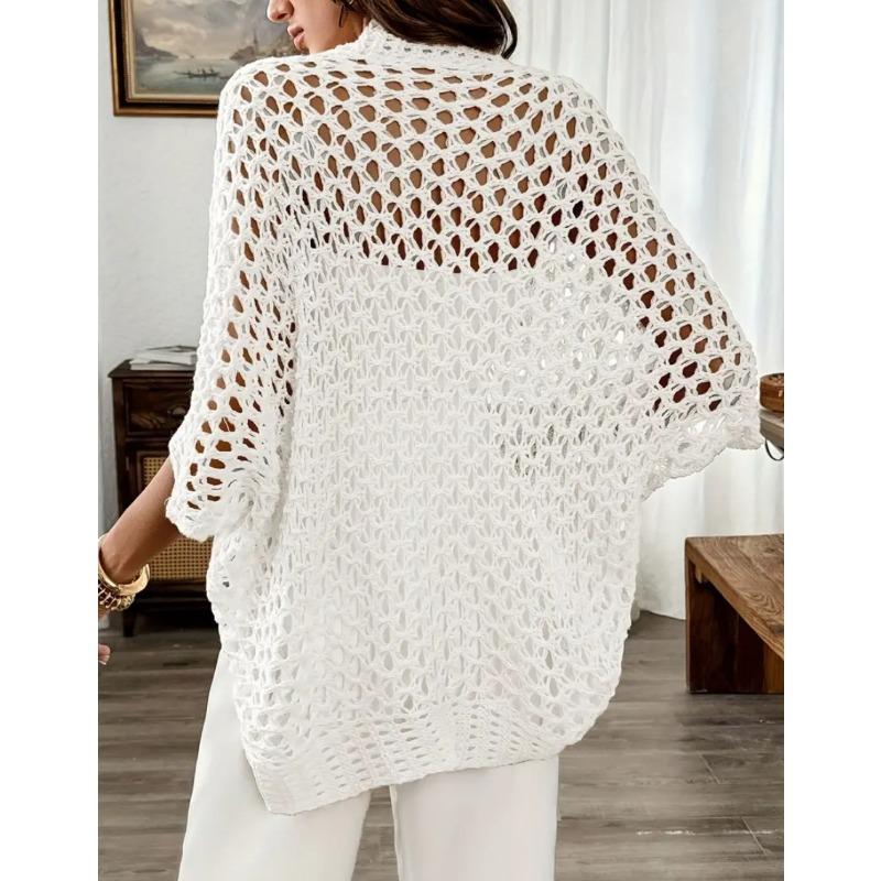 Cardigan casual da donna a maniche corte, lavorazione a maglia traforata, aperto sul davanti