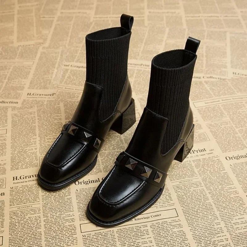 Square High Heel Women Stretch Socks Boots Fashion Slip On Shoes Retro Style Autumn Winter Square Toe Ladies Short Booties