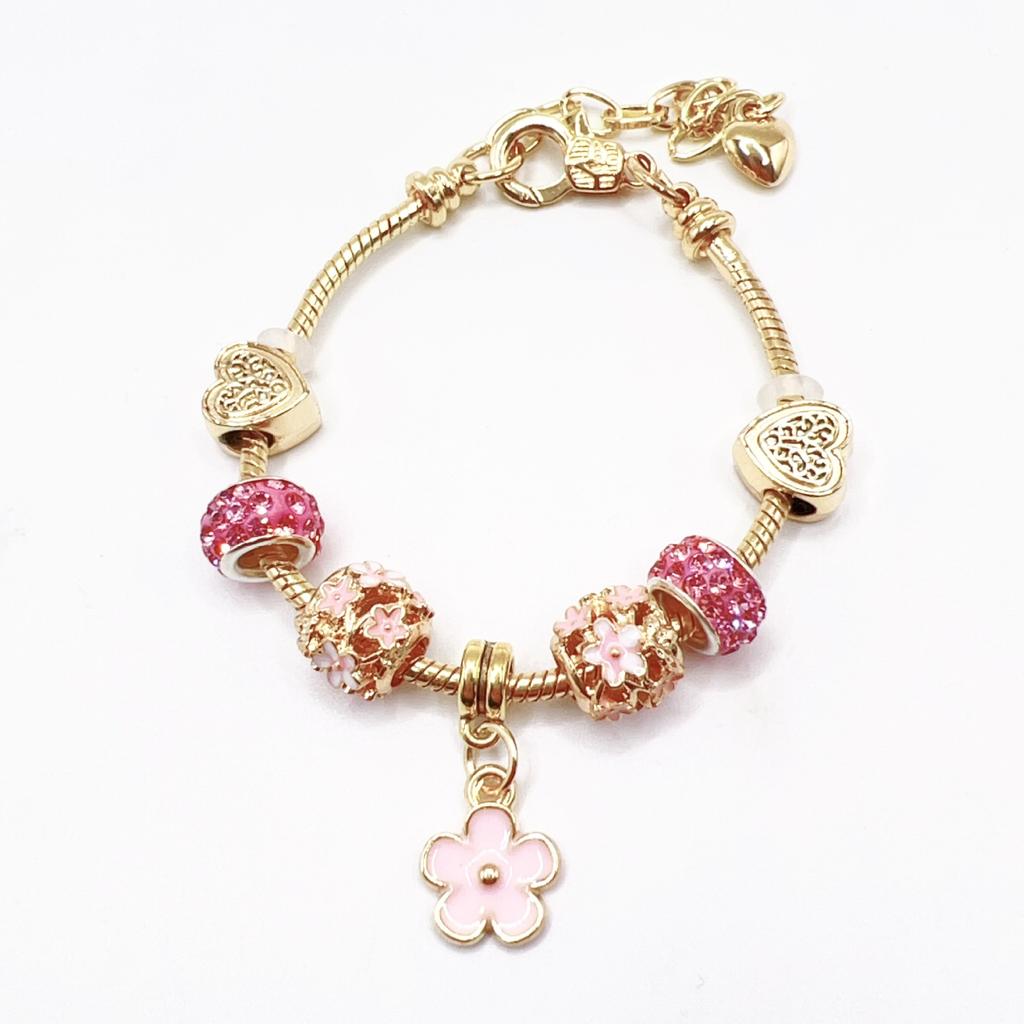 High Quality Gold Plated Crystal Rhinestone Lotus Flower Charm Bracelet Large Hole Beads Pink Flower Pendant Adjustable DIY