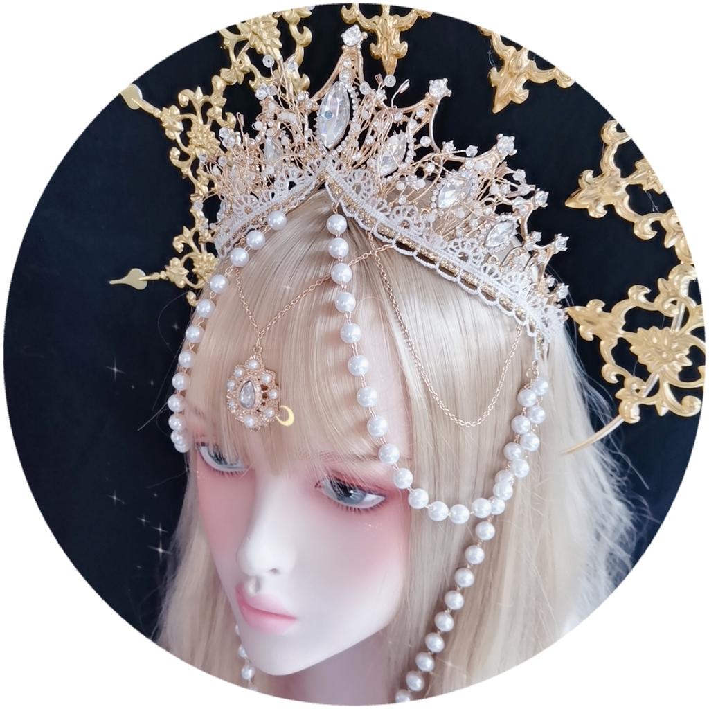 Sun Goddess Gold Spiked KC Halo Virgin Mary Cross Crown Headpiece Virgin Mary Gothic Lolita Bead Chain Hair Accessories