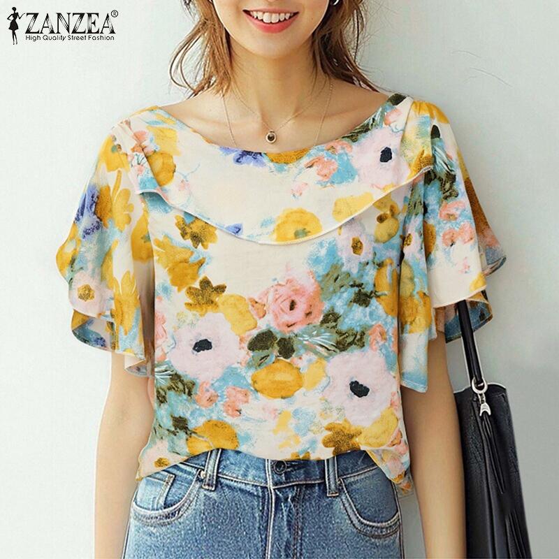 ZANZEA Women Loose Casual Summer Short Sleeve Floral Print Blouse