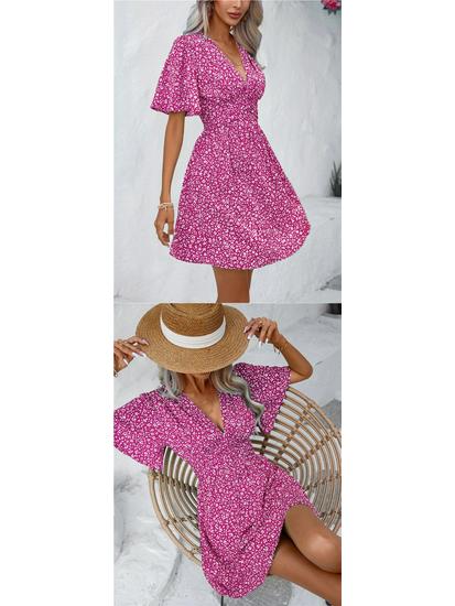 Summer Floral V-Neck Midi Dress with Pleated Skirt and Mid Sleeves