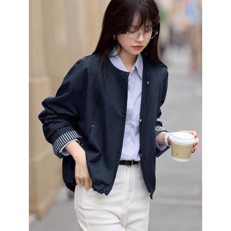 Women s Striped Patchwork Baseball Jacket L темно-синий