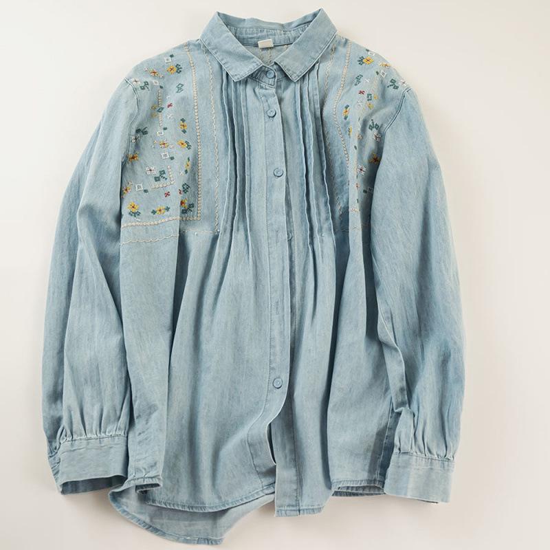 Women's Retro Cartoon Embroidered Cotton Denim Shirt - Long Sleeve, Casual Top for Spring/Autumn 2025