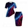 Women Plus Size Round Neck Short Sleeve Navy Red Printed Asymmetric Top And Fitted Skirt Two Piece Set