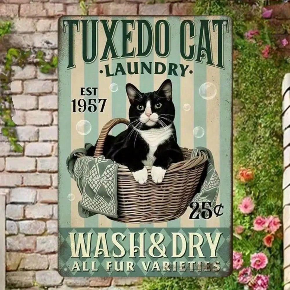 Metal Poster Wall Art, Retro Cat Laundry Room Decor, Wash Dry All Fur Breeds