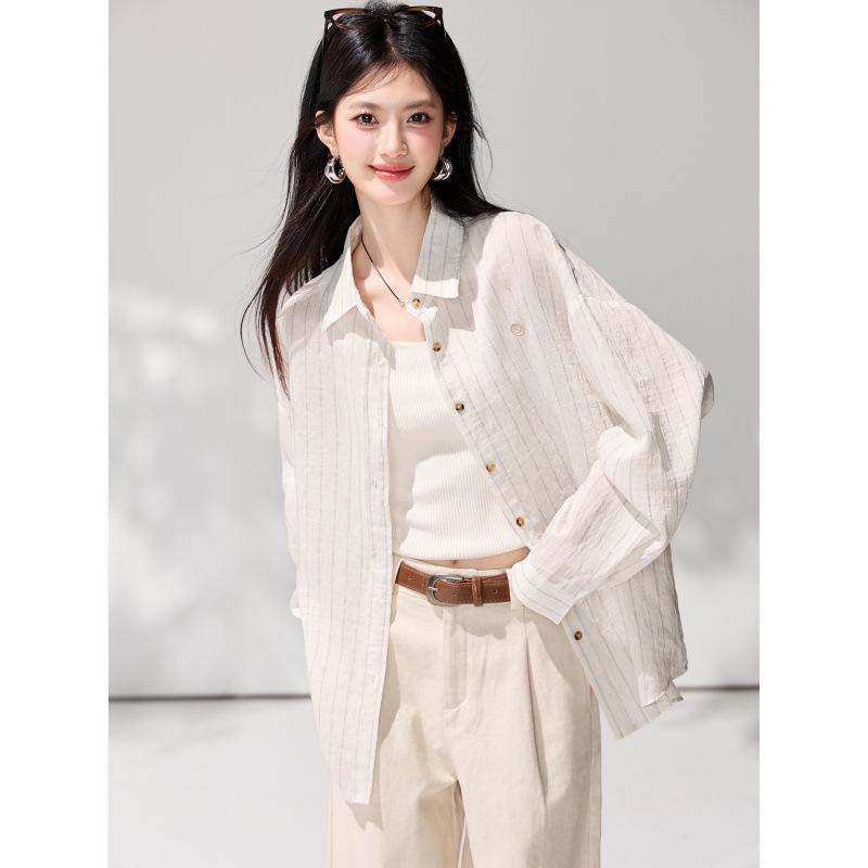 2026 Spring Women's Striped Cotton Linen Sun Protection Shirt - Loose, Long Sleeve, Mid-Length Outerwear Top