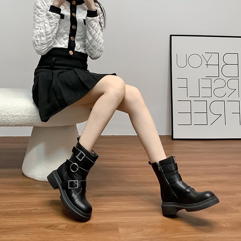 Korean version of knight boots women's belt buckle thick-soled heightening women's boots winter 2025 new retro western cowboy boots