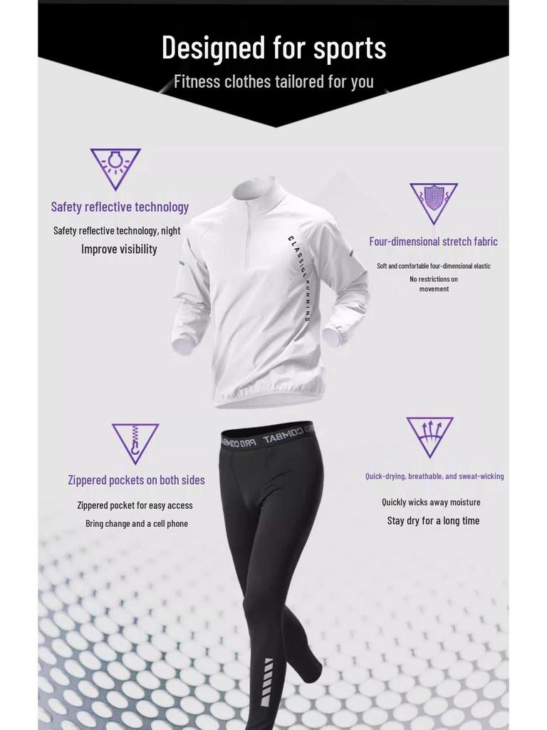 Pánská rychleschnoucí běžecká souprava na zip - Tričko s dlouhým rukávem a mikina pro zimní ranní atletický trénink
