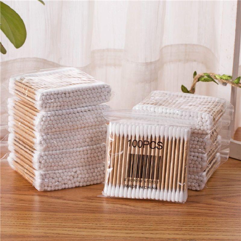 Drewniany Patyczek Bawełniany Dwustronny do Czyszczenia Uszu, Makijażu i Higieny Osobistej - Jednorazowe Waciki Bawełniane w Pudełku