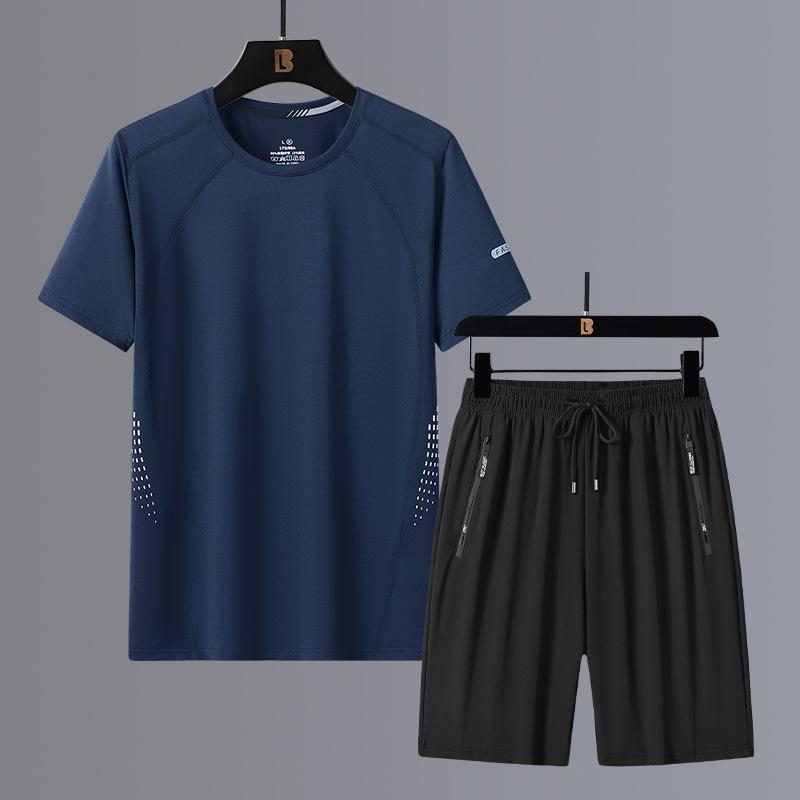 Short Sleeved Set for Men's Summer Thin Ice Silk Quick Drying T-shirt Two-piece Set of Shorts Sportswear