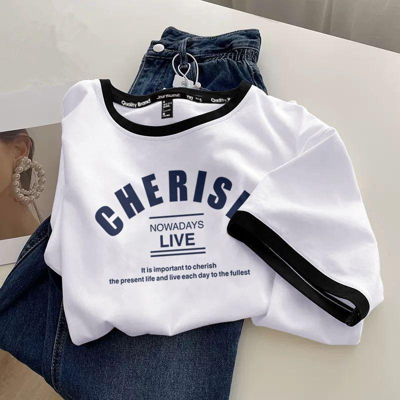 

2024 Women s Retro Contrast Stitch Cotton Slim T-Shirt - Short-Sleeved Round Neck XL (125-145 Jin)