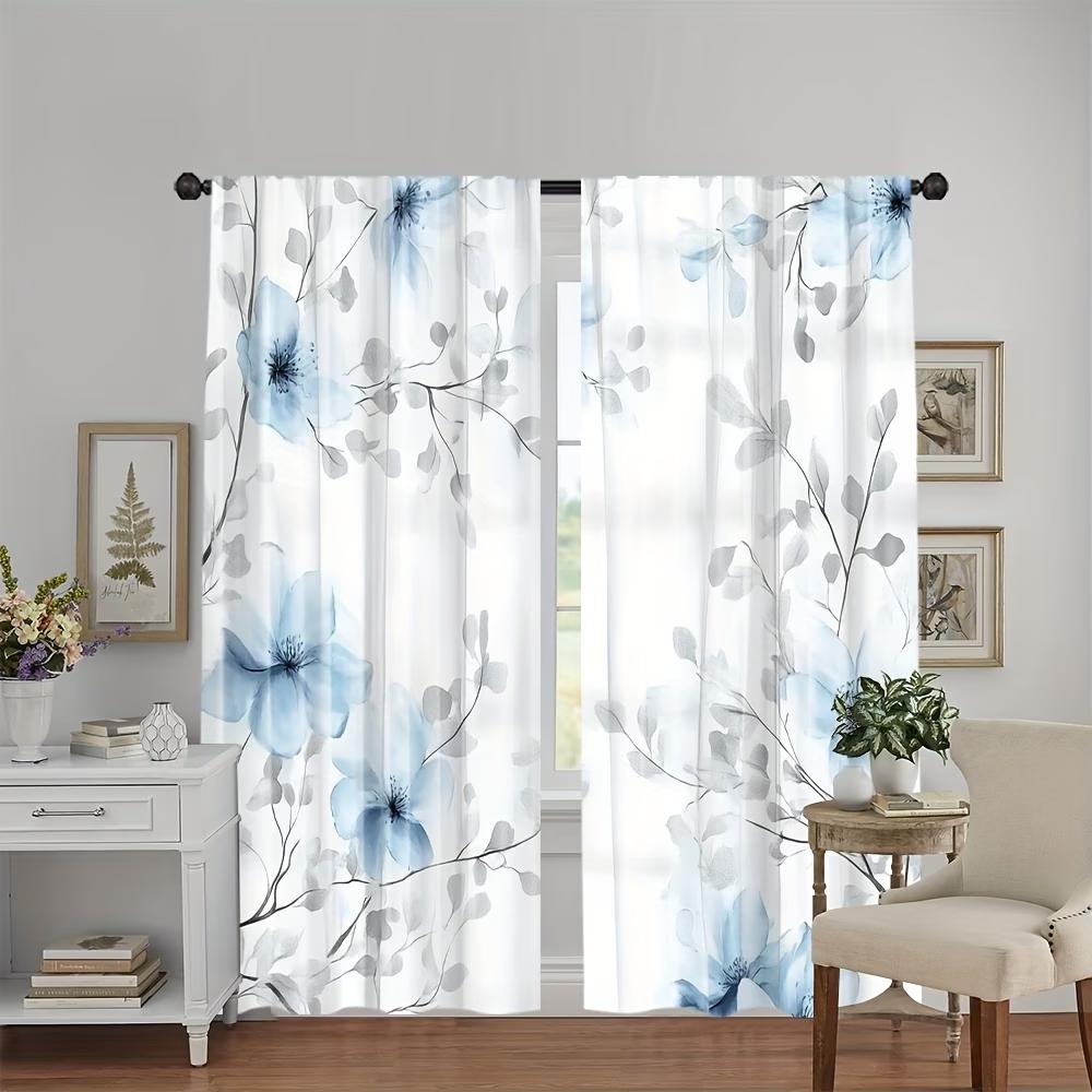 2PCS Digital Printed Curtains, Blue Flowers Gray Leaves Muted Botanical, Window Curtains for Living Room Bedroom Home Decoration